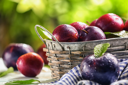 Basket with ripe juicy plums on table