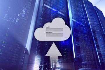 Cloud storage, data access, login and password request window on server room background. Internet...