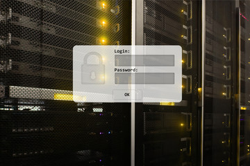 Server room, login and password request, data access and security.
