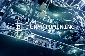 Cryptocurrency mining concept on server room background.