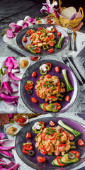 Eggs with fresh vegetables and sausage. Collage of set photos.