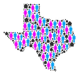 Population Texas map. Household vector concept of Texas map formed of randomized person and house items in variable sizes. Abstract social representation of nation community cartography.