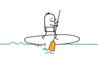 Obraz premium Cartoon Man and Paddle on the Sea