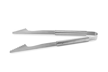 New metal barbecue tongs on white background