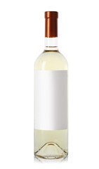 Bottle of delicious wine with blank label on white background