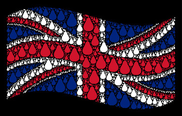 Waving United Kingdom state flag on a black background. Vector pear items are organized into mosaic UK flag illustration. Patriotic illustration organized of pear icons. © Aha-Soft