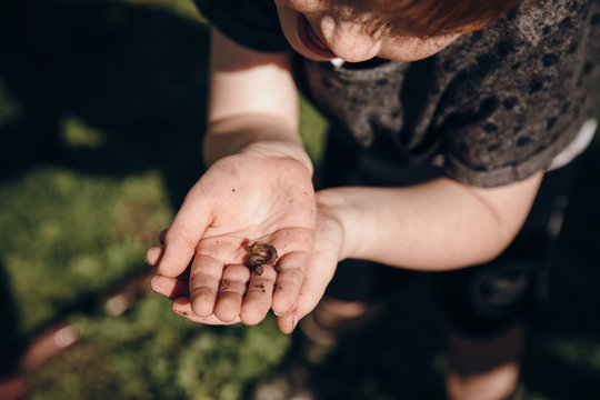 A child holds a worm in his hands