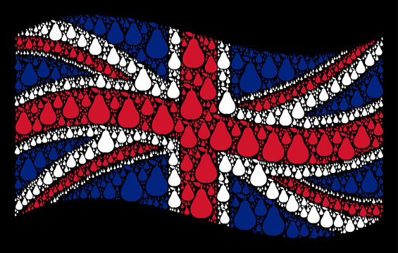 Waving United Kingdom state flag on a black background. Vector pear items are organized into mosaic UK flag illustration. Patriotic illustration organized of pear icons.