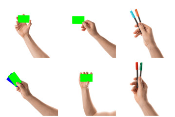 Male hand holds a two credit card or business card. Isolated with chroma key and all isolated on white background.Male hand holds a two markers or a felt pen. Collage of set photos.