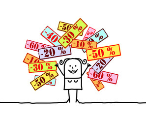 Cartoon woman and Sale labels
