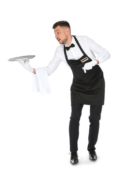 Clumsy Waiter Dropping Empty Tray On White Background