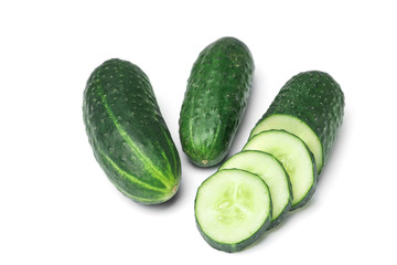 Ripe cucumbers on white background. Healthy diet