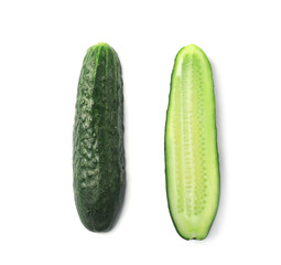 Flat lay composition with ripe cucumbers on white background