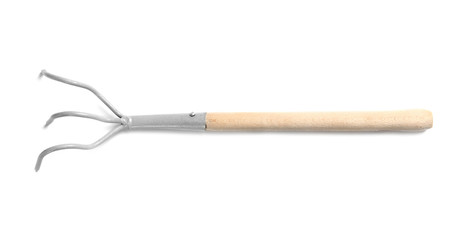 New rake on white background. Professional gardening tool