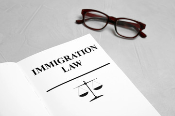 Fototapeta premium Book with words IMMIGRATION LAW and glasses on grey background, closeup