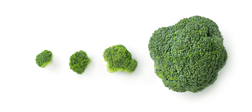 Flat lay composition with fresh green  broccoli on light background