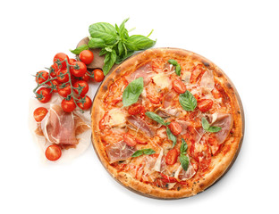 Delicious pizza with tomatoes and meat on white background