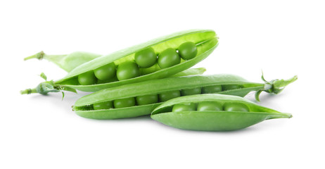 Delicious fresh green peas on white background