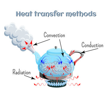 Heat transfer methods on example of water boiling in a kettler on gas stove top. Convection, conduction, radiation.