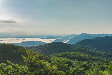 Obraz premium Sunrise over misty forested mountains, Velebit mountain national park in Croatia
