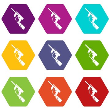 Paintball gun charging icons 9 set coloful isolated on white for web