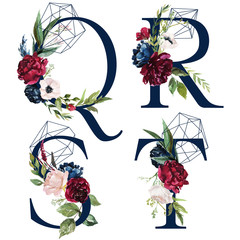 Floral Alphabet Set - letters Q, R, S, T, with flowers bouquet composition and delicate navy geometric shape crystal. Unique collection for wedding invites decoration and many other concept ideas.