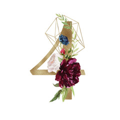 Floral Numbers - digit 4 with flowers bouquet composition and delicate gold geometric shape crystal. Unique collection for wedding invites decoration and many other concept ideas.