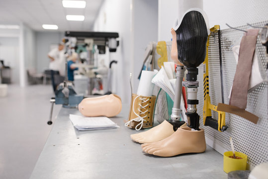 Workshop desktop with artificial limb