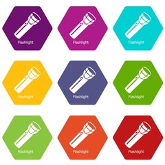 Flashlight icons 9 set coloful isolated on white for web