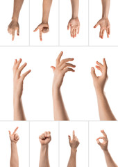 Man hand with the various gesture, open hand, pointing finger, hitting each other, fingers crossed, hold, grab, catch, fist, showing numbers. Isolated on white background. Collage of set photos.