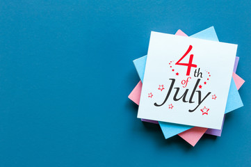 July 4th. Image of july 4 calendar on blue background. Summer day. Empty space for text....