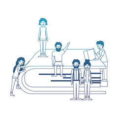 minipeople team working in book vector illustration design