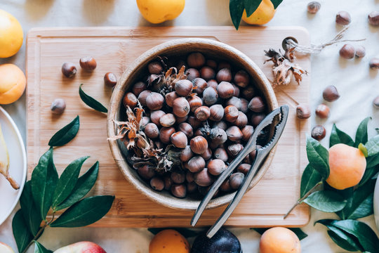 Hazelnuts in a wooden bowl