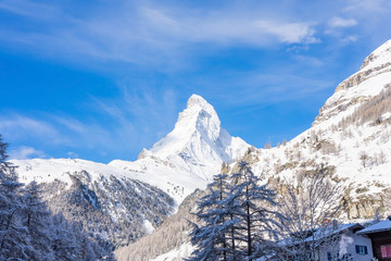 Panoramic beautiful view of snow mountain Matterhorn peak, Zermatt, Switzerland.