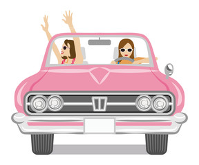 Two women enjoying to drive the convertible