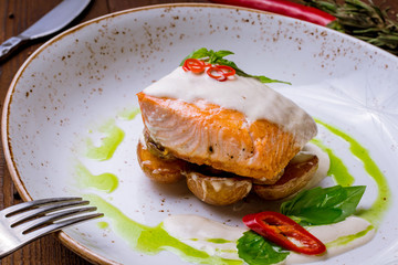 Salmon steak on the grill