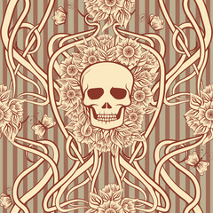 Seamless pattern  with skull in art nouveau style, vector illustration