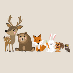 Cute deer, bear, fox, rabbit, squirrel and owl cartoon, Wildlife animal character.