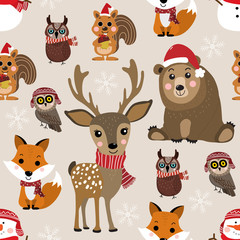 Cute forest animal in Christmas holidays. Wildlife cartoon character seamless pattern and background. Deer, bear, owl, fox and squirrel in winter costume vector.