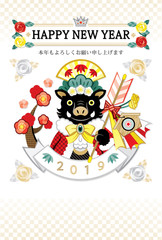 Fototapeta premium ２０１９年亥年完成年賀状テンプレート「猪の王様と破魔矢和洋折衷」HAPPYNEWYEAR