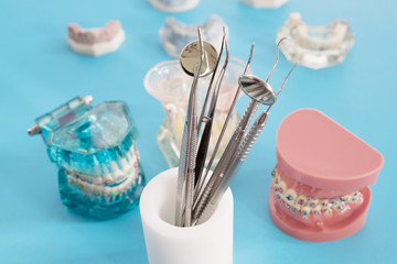 orthodontic model and dentist tool - demonstration teeth model of varities of orthodontic bracket or brace