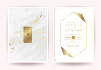 Wedding invitation cards with Luxury gold marble texture background and geometric pattern vector design template
