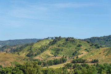 Beautiful mountain landscape and meadows with nice blue sky and cloud on summer sunny day