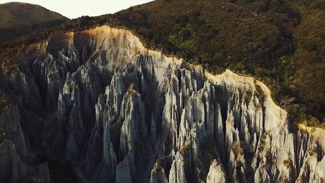 Putangirua Pinnacles At Sunset, Aerial Pan, 4k At Sunset 