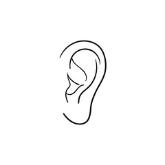 Human ear hand drawn outline doodle icon. Human ear as a concept of listening, hearing and music vector sketch illustration for print, web, mobile and infographics isolated on white background.