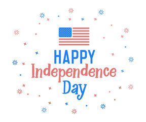 Obraz premium Happy Independence Day text with united states of america flag colors. Vector retro background label for Independence day of USA in july 4. Cheerful design, funny hand drawn letters and fireworks