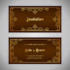 Luxury wedding invitation with golden ornament. Vector illustration