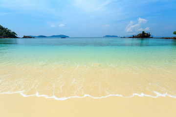 Bruer Island, amazing island from southern of Myanmar. A stunning seascape with turquoise water and white sand beach against blue sky at Bruer Island. Panoramic view