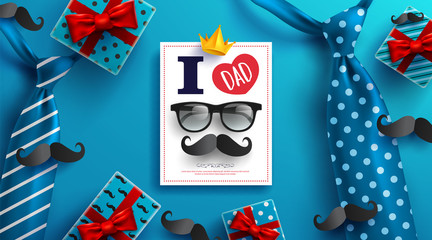 Happy Father's Day card with necktie,glasses and gift box for dad on blue background.Greetings and presents for Father's Day.Vector illustration EPS10