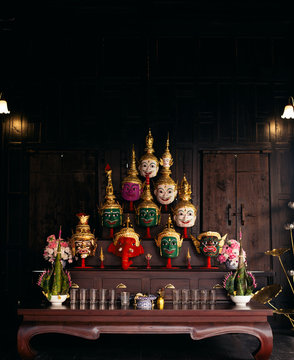 Collection of handmade  'Hua Khon' traditional mask for royal Thai performing arts in old wooden house